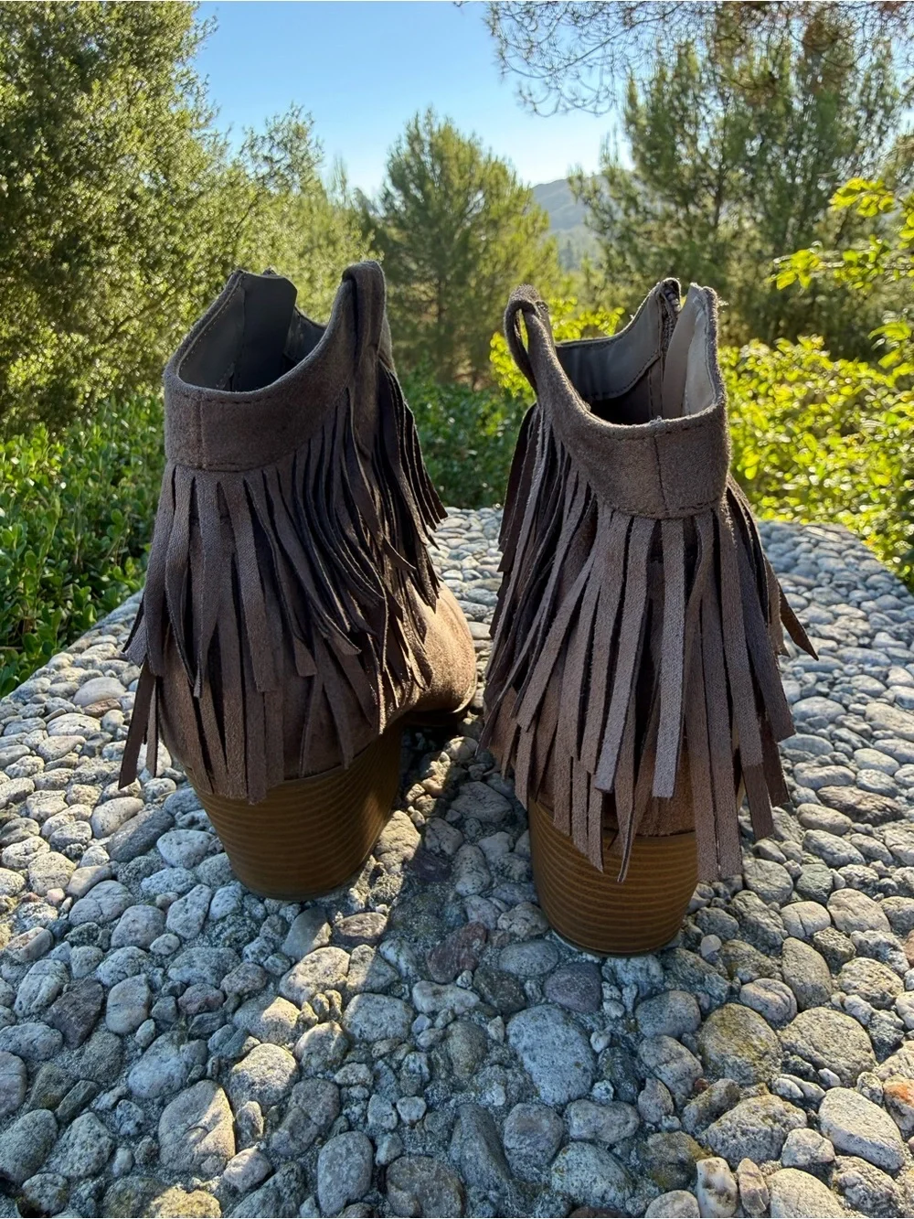 Frye Taupe Suede Fringe Ankle Boots